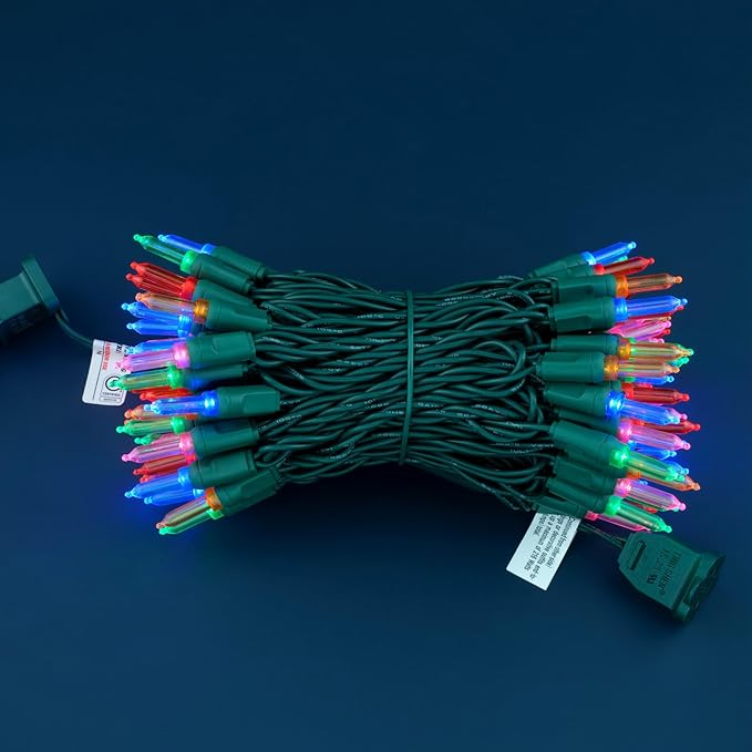 100 Multicolor One-Piece LED Christmas Lights 33 ft Green Cord High Waterproof UL Certified T5 Outdoor String Lights (Multicolor)