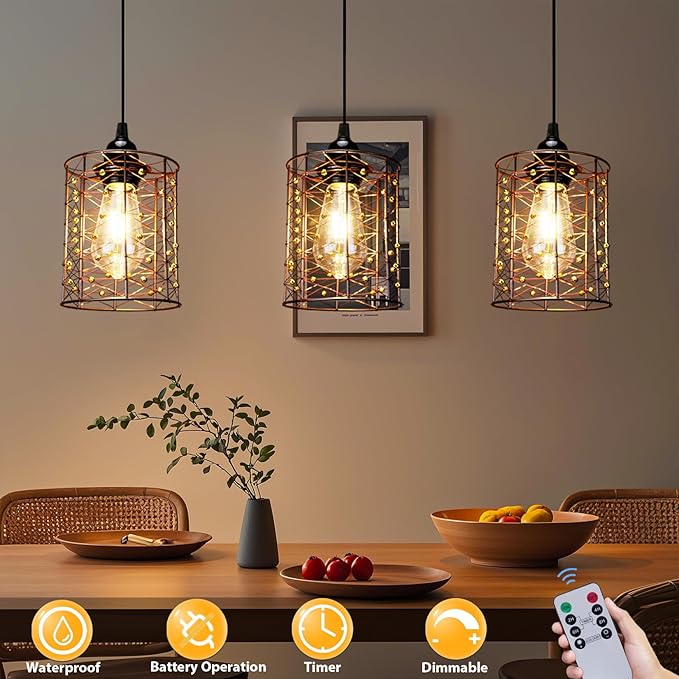 Battery Operated Hanging Outdoor Chandelier Battery Pendant Light Gazebo Lights Outdoor Waterproof 4 AA Batteries for Gazebo Pergola Porch Patio Indoor/Outdoor Decor Lighting (3)