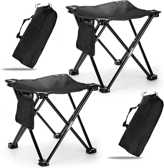 2 Pack Camping Stool 13 Inch Compact Camping Chair Portable Lightweight Folding Stool Seat with Side Pocket and Carry Bag for Outdoor Hiking Fishing Picnic Beach and Lawn Party Black
