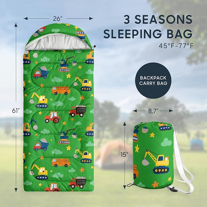 Wake In Cloud - Construction Car Kids Sleeping Bag for Boys Toddlers Camping in Warm Cold Weather Backpacking Lightweight Compact Outdoor Liner for 3 Seasons Summer Spring Fall