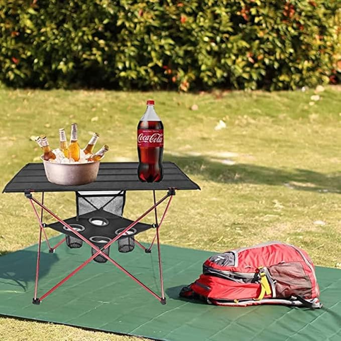 Portable Camping Table with 4 Mesh Cup Holders and Carry Bag Folding Picnic Table for Outdoor Beach BBQ Hiking Fishing