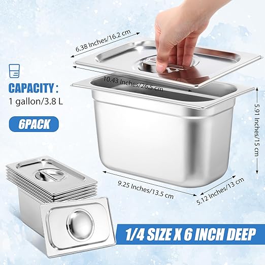 Thenshop 6 Pack Stainless Steam Hotel Pan with Lid Deep Steam Table Pan Reusable Anti Rust Water Restaurant Supplies for Home Party Buffet(10.43 x 6.38 x 5.91 Inches Pans1/4 Size Lids)