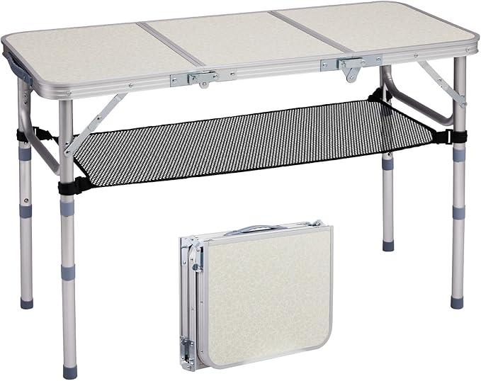 VINGLI Small Folding Table Portable 3FT Aluminum Foldable Camping Table for Picnic Card Table with 3 Adjustable Height &amp Carry Handle for Outdoor Indoor Hiking Camp BBQ Beach-White