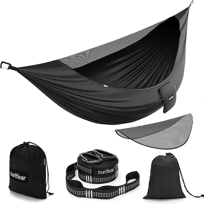 Sunyear Camping Hammock with Removable No See-Um Net Double &amp Single Portable Outdoor Hammocks Parachute Lightweight Nylon with Tree Straps for Adventures Hiking Backpacking
