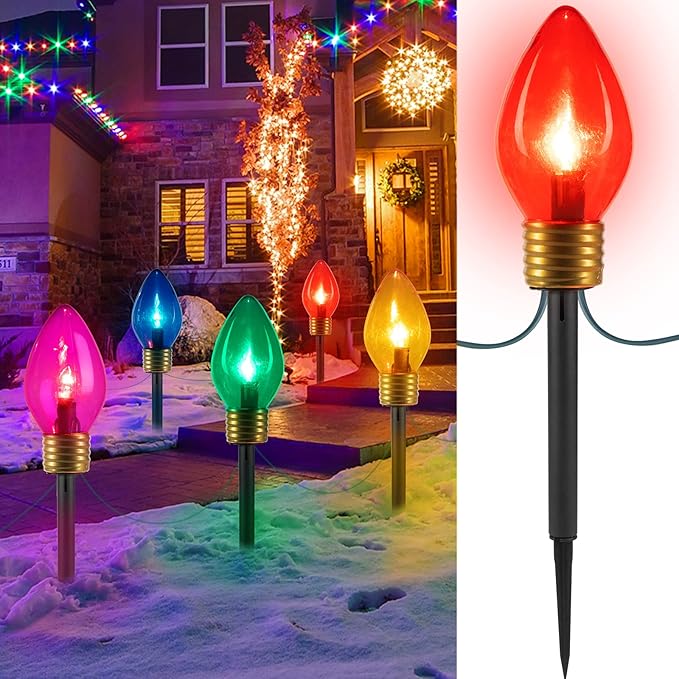 Brightown Jumbo C9 Christmas Lights Outdoor Decorations Lawn with Pathway Marker Stakes 8 Feet LED Lights Covered Jumbo Multicolored Light Bulb for Holiday Outside Yard Garden Decor 5 Lights
