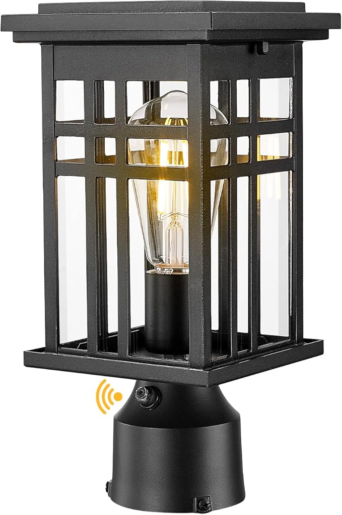HWH INVESTMENT Outdoor Post Lantern Dusk to Dawn Patio Pole Lamp Post for Yard Garden Waterproof Exterior Lamp Post Lantern with Photocell Sensor Clear Glass 5HD36P PC BK
