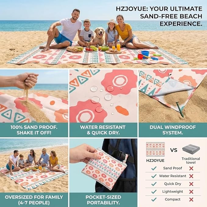Beach Blanket Sandproof Waterproof 79 X 79 Oversized Outdoor Picnic Blanket Large Sand Free Beach Mat Lightweight Foldable Mat for Travel Camping Festival (Orange Floral Shore)