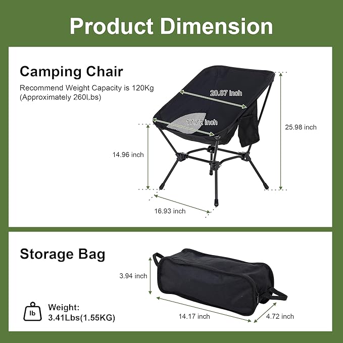 Camping Chair Portable Lightweight Camping Chairs for Adults Foldable 600D Oxford Ultralight Backpacking Chair with Breathable Mesh and Pocket for Outdoor Travel Hiking Black