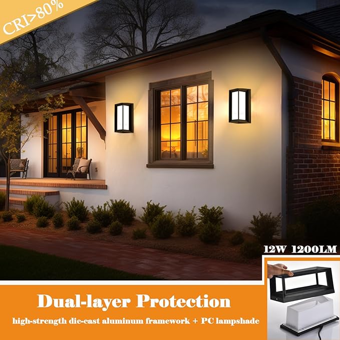 Black Modern Wall Mount Lights IP65 Aluminum Outdoor Porch Light 12W 3000K-6000K 2 Pack Exterior Wall Sconces for House Backyard Hallway