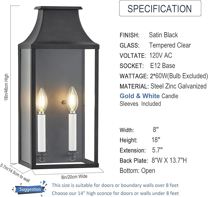 18Medium Classic Outdoor Wall Lantern Light For House ExteriorHandcrafted Satin Black Metal Cage Mounted Pocket Wall Sconce W/Clear Tempered GlassWaterproof for Porch Patio Garage&ampFront Door