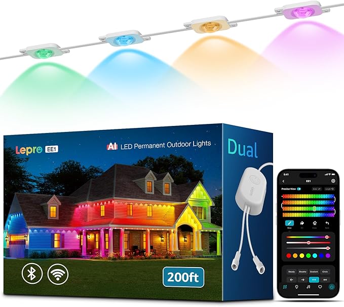 Lepro EE1 AI Permanent Outdoor Lights with Dual-Output 200ft 120 LED RGB+IC Smart Outside Light for House Christmas DecorAlexa Google Enabled 2.4 GHz WiFi/Bluetooth APP Control No Remote Controller