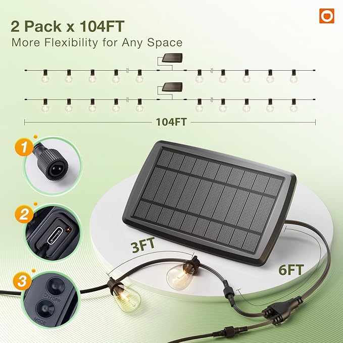 addlon 204FT(2 Pack*102FT) Solar String Lights Waterproof Patio Lights Solar Powered with Remote &amp USB Port 3 Lighting Modes 60+4 LED Shatterproof Bulbs Outdoor Light for Camping Backyard Garden
