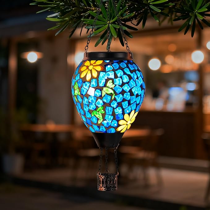 Hummingbird Solar Hot Air Balloon Lantern with Flame Blue Hanging Mosaic Solar Lantern Outdoor Waterproof Outdoor Solar Lights for Yard Gardening Gift for Mom Grandma Women