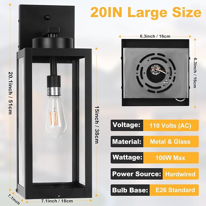 20 Large Dusk to Dawn Outdoor Wall Lantern with Closed Bottom - Black Outdoor Porch Lantern Wall Mounted Waterproof Modern Outside Wall Sconce Coach Lamp for House E26 2 Packs