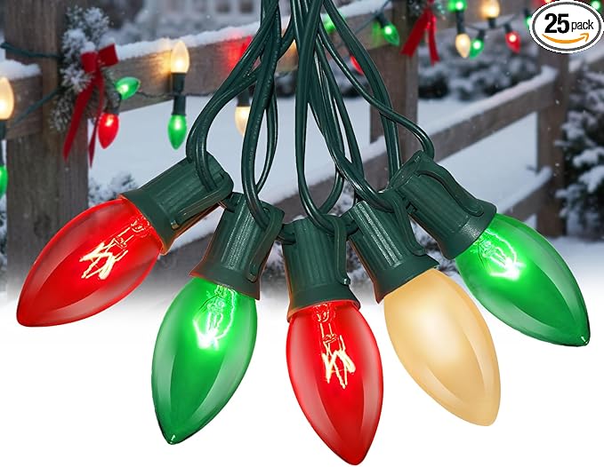 25FT C9 Christmas Lights OutdoorRed White Green Christmas Lights with 26 Bulbs(1 Spare)C9/ E17 BaseVintage Colored String Light for Garden Yard Party Xmas Tree Decorations
