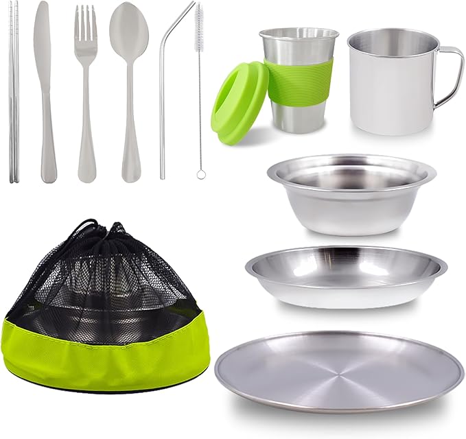 Acelane Camping Mess Kit Camping Plates Dishes Stainless Steel Camping Utensils Set Tableware Dinnerware with Bowls Cups Cutlery 1-2 Person for Backpacking Hiking Picnic BBQ RV Travel