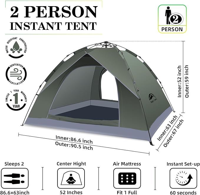 Happy Travel 1/2/3/4 Person Camping Tent Instant Easy Pop Up Tents for CampingAutomatic Waterproof Family Camping Tent Easy Set Up TentPortable Windproof Dome Tent for Camping Hiking &amp Traveli