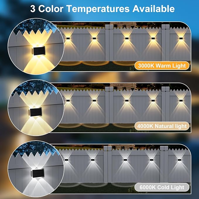 Solar Fence Lights Outdoor New Up Down Lighting Fence Lights Solar Powered with 3 Modes 3000K/4000K/6000K IP65 Waterproof Solar Wall Light for Backyard Wall Pathway Deck Patio Decor - 12 Pack