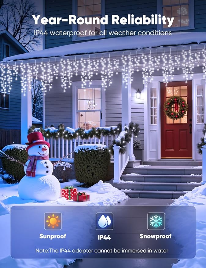 Brightown Icicle Christmas Lights Outdoor 33FT 1020 LED Cluster Icicle Lights with 51 Drops12 Mode Connectable Firecracker Light with Timer Waterproof Christmas Light Outdoor for House White