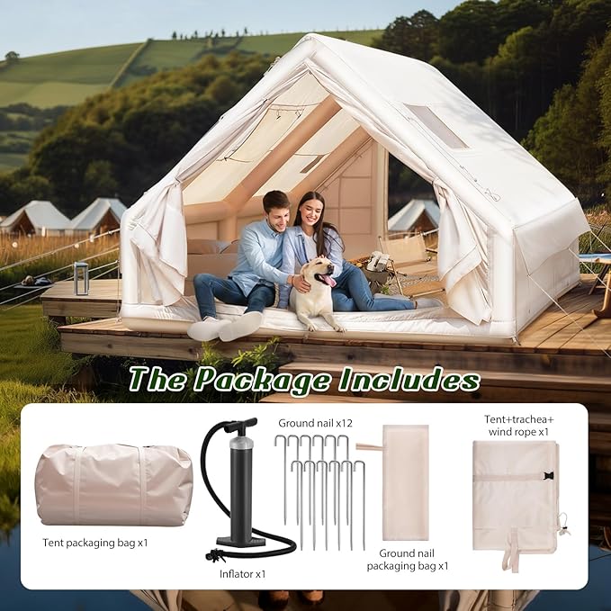 Inflatable Tent 13x10ft Large 8 Person Family Size Glamping Tent with Pump - Waterproof Oxford Camping Tent with Mesh Windows for Park Forest Outdoor (Bag Windbreak Rope Stakes Pump Included)
