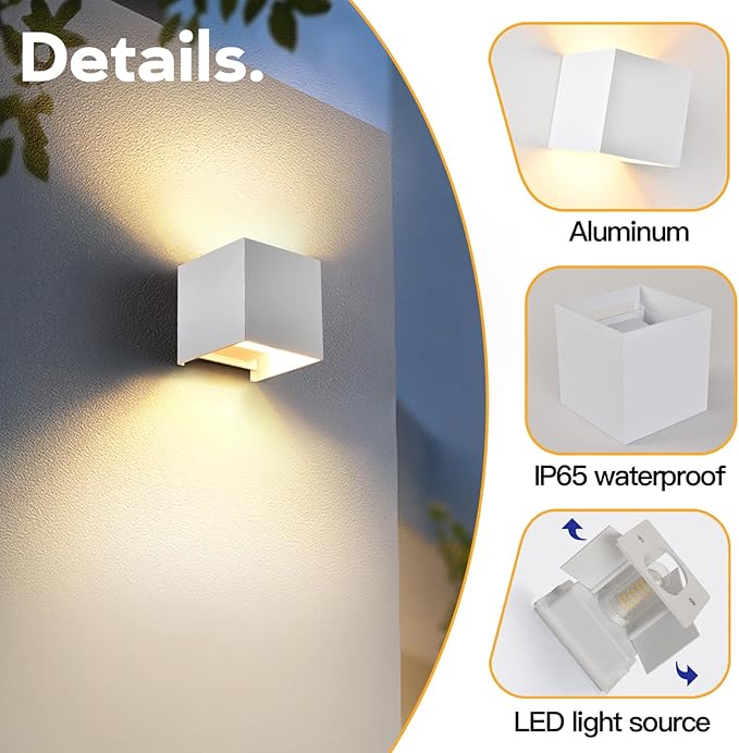 2 Pack Outdoor Wall Lights Exterior/Interior Wall Sconces Up and Down Lights IP65 Waterproof G9 Base Socket Modern Outdoor Lighting Square Aluminum White 3000K Warm Lights Adjustable Light Angle