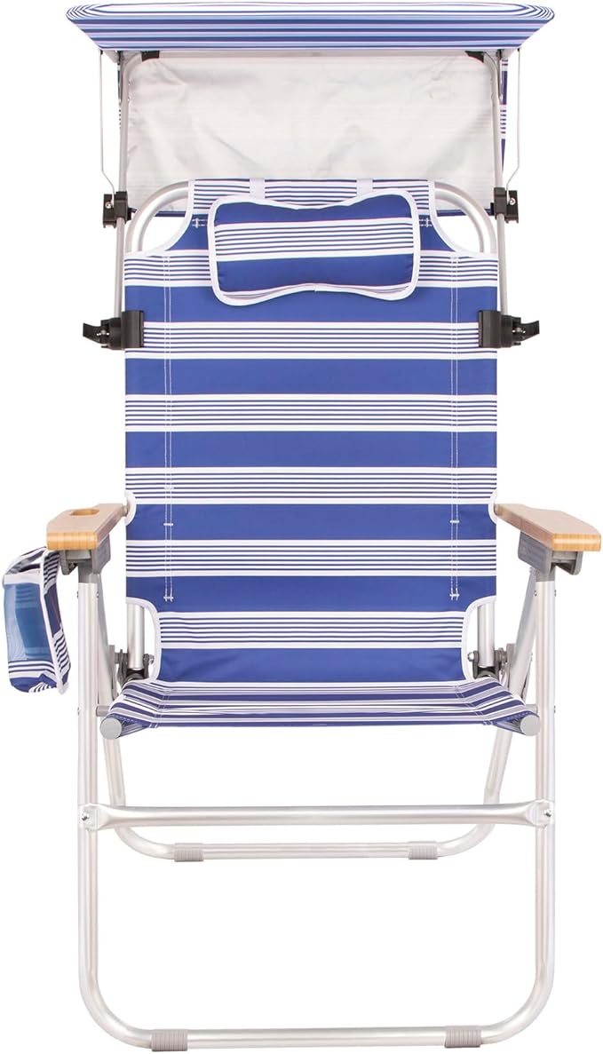 Heavy Duty Tall Beach Chair with Canopy Shade for Adults 17 High Off Ground 4-Position Reclining Insulated Cooler &amp Storage Pouch Bamboo-Finish Arms 300 lb Capacity