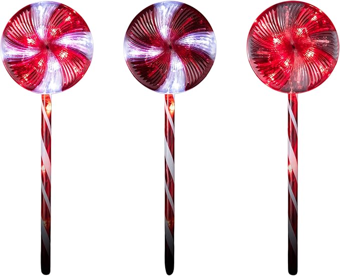 Alpine Corporation 28 Tall Outdoor Christmas Candy Cane Pathway Stake Lights with Multi-FunctionLED Set of 3 Festive Lawn and Garden Holiday Decor Red and White