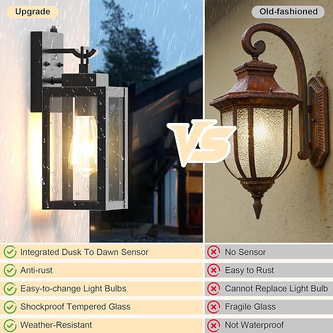 LTBLIGHT 2-Pack Dusk to Dawn Outdoor Wall Lights Modern Black Sensor Porch Light Fixtures Waterproof Exterior Lighting for House Garage Patio Front Door 100-120Vac