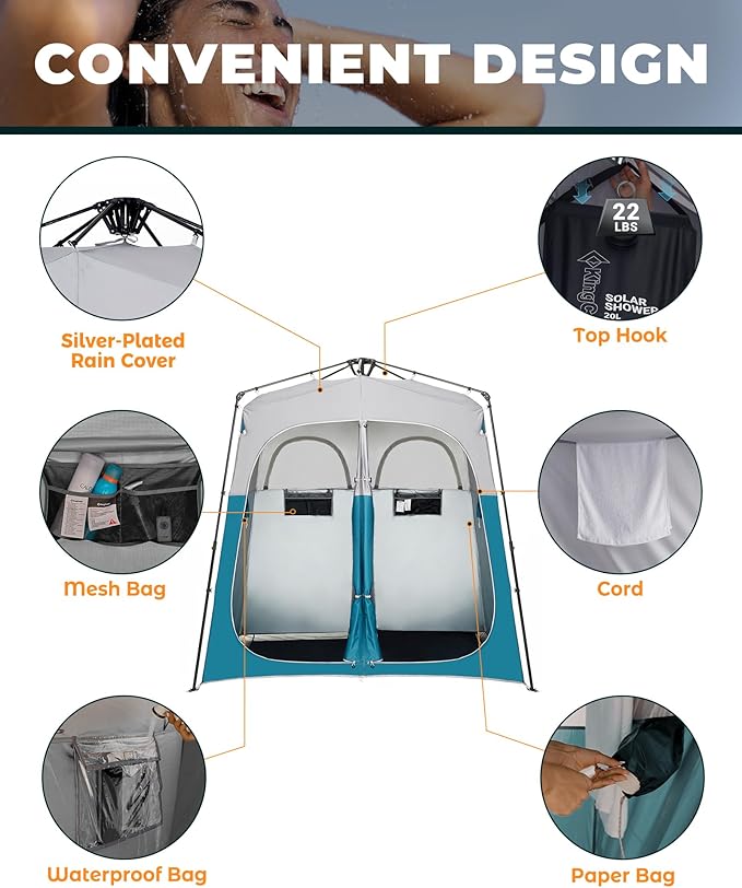 KingCamp Instant Shower Tent Portable Superior Stable Privacy Shelter 2 Large Rooms Outdoor Toilet Tent with Floor for Beach Camping &amp Hiking Setup in Under 60s