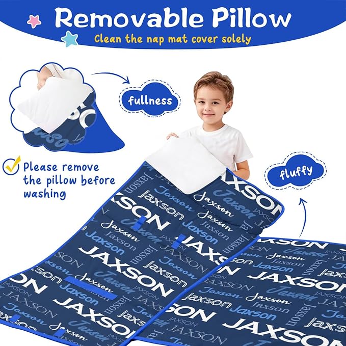 Personalized Name Toddler Nap Mat for Daycare Preschool Kindergarten Customized Kids Sleeping Bag with Pillow and Blanket for Girls Boys Custom Name Monogrammed Nap Mats for Toddlers