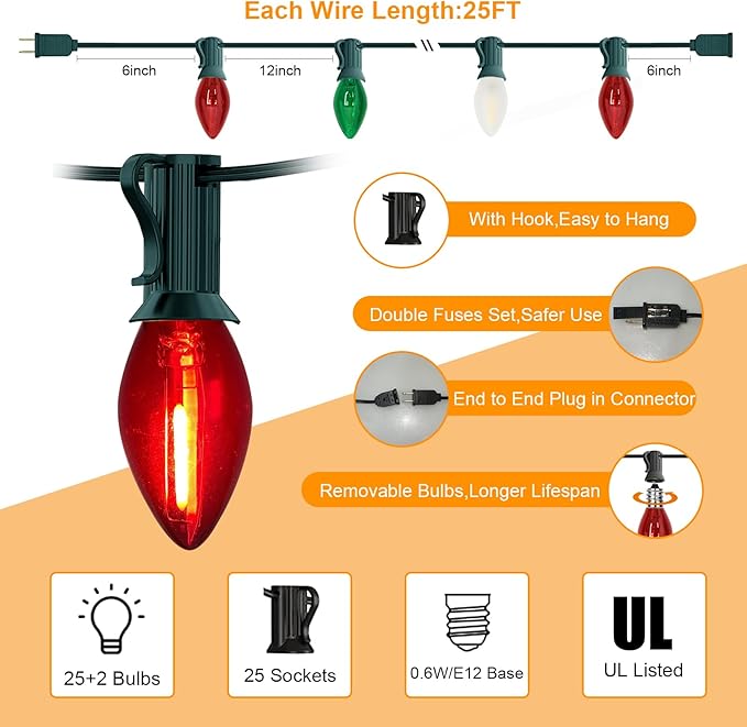 Abeja 25Ft C7 Christmas Multicolor String Lights with 27 Red Green &amp Frosted White Edison Bulbs Hanging Vintage Christmas Light Outdoor Waterproof for Party Garden Wedding Bistro Roofline Decor