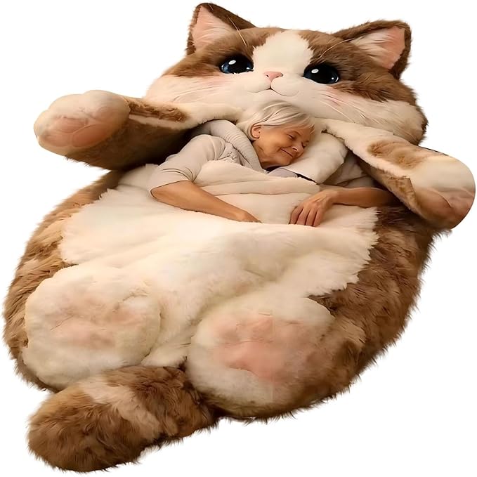 Fluffy Cat Sleeping Bag for Adults Plush Cat Shaped Sleeping Bag for Adults Adorable Cats Envelope Sleeping Bags Washable Warm Blanket for Camping and Home Lounging 68.9x31.5 Inch