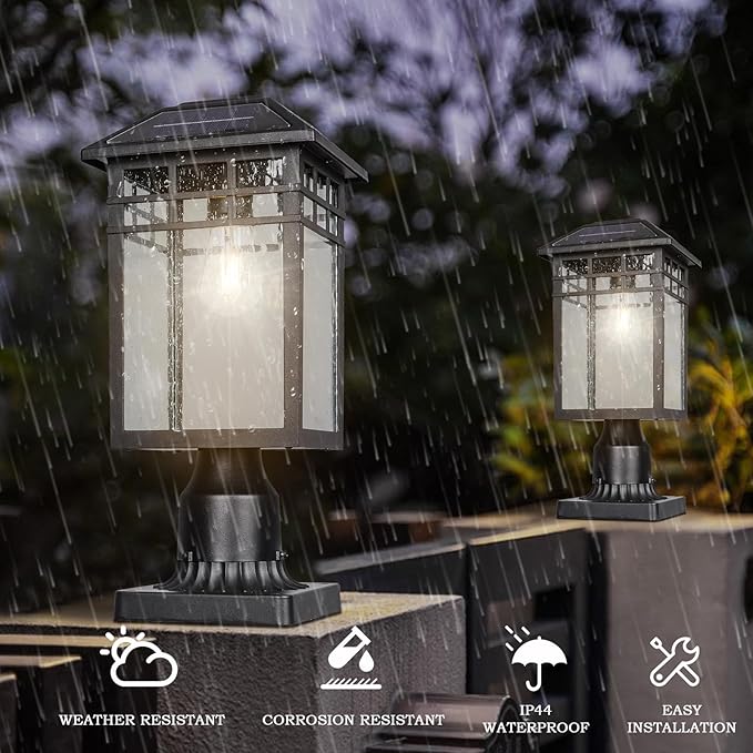 Solar Outdoor Post Light Fixture Modern Exterior Pillar Lantern with Black Finish &amp Seeded Glass Dusk to Dawn Outside Pole Light for Garden Backyard Courtyard Patio Pathway