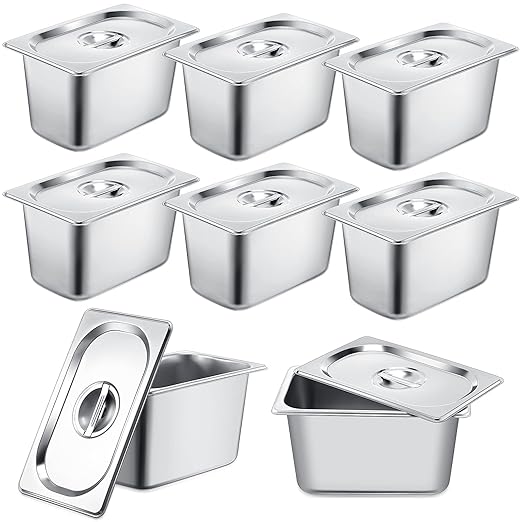 8 Pack Stainless Steam Hotel Pan 6 Deep Steam Table Pan with Lid 0.8 mm Thick Stainless Steel Restaurant Anti Clogging Steamer for Party Restaurant Hotel(1/4 Size)