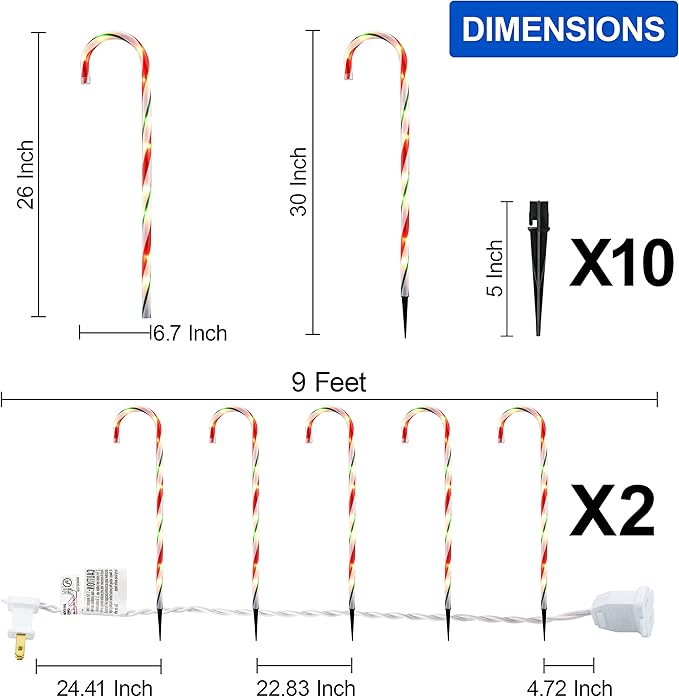 J-HVA 26 Christmas Decorations Outside Candy Cane Lights Set of 10 Pack Landscape Path Lights for Yard Patio Garden Walkway Festival Holiday Red &amp Green