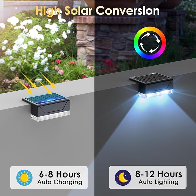 12PK Solar Fence Lights Outdoor Waterproof LED - Warm White &amp RGB 6 Color Dusk to Dawn Deck Light IP65 Waterproof Garden Lights for Outside/Backyard/Railing/Step/Patio/Wall