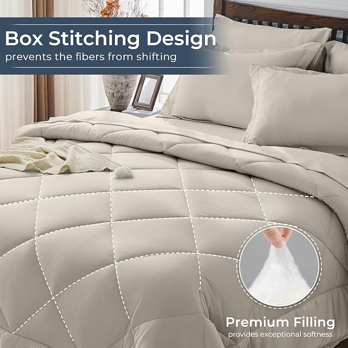 HEVUMYI Linen Full Comforter Set - 7-Piece All Season Bed in a Bag Full Ultra Soft Bedding Set with Comforter Flat Sheet Fitted Sheet Pillowcases Pillow Shams