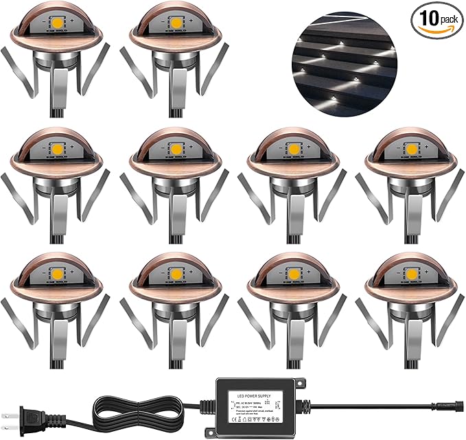 LED Outdoor Deck Lights Kit 12V Low Voltage 10 Pack IP65 Waterproof Small In-Ground Recessed Step Deck Lighting with Transformer Pathway Outdoor Landscape Decoration Lamps(Cold White Bronze)