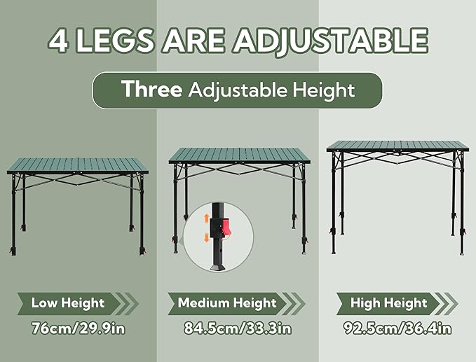 Portable Outdoor Adjustable Height Camping Table Large for 2-6 Person Foldable Roll-up Aluminum Camp Table with Carry Bag for Picnic Camp Sturdy Stable Loads 220 Lbs (Green)