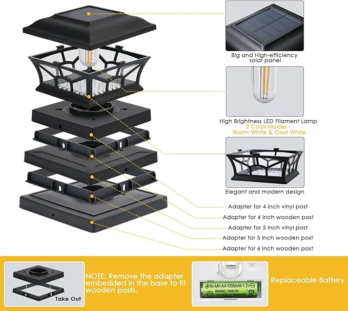 8 Pack Solar Post Cap Lights Outdoor Waterproof Fits 4x4 5x5 6x6 Wooden &amp Vinyl Fence Decks Edison LED Bulb with Warm &amp Cool White Light Modes (Classic Black 8)