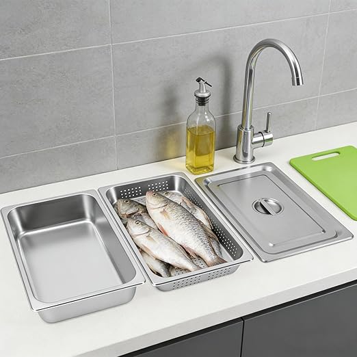 A Set of Full Size 4 in Steam Table Pan and 2.6in Perforated Pan with Lid Hotel Pan Food Warmer Pan Buffet Tray Servers Pans for Catering Kitchen Restaurant Supplies