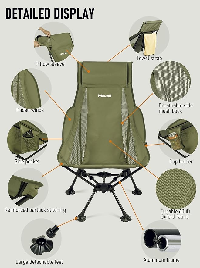 WildCall Lightweight Folding High Back Camping Chair with Head Support Compact Beach Chair with Anti-Sinking Large Feet and Three Tilt Angles Adjustment