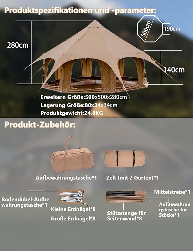 Thcbme 5M Cotton Canvas Bell Tent - Yurts with Stove Jack Windproof Breathable Shade Family Camping Travel Group Activities 4 Season Polyester (6-10People) Khaki 16.4ft (MXT16.4ft-KQ)