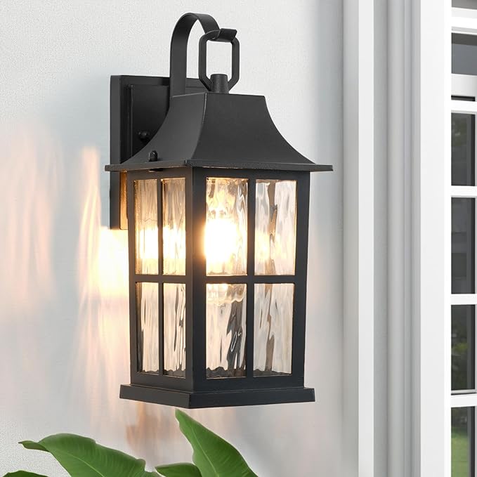 Outdoor Light Fixture IP44 Waterproof Rustproof Porch LightAluminum &amp Water Pattern Glass Exterior Sconce13-inch Black Outdoor Sconce Lights for Front Door Garage Patio (UL-Certified)