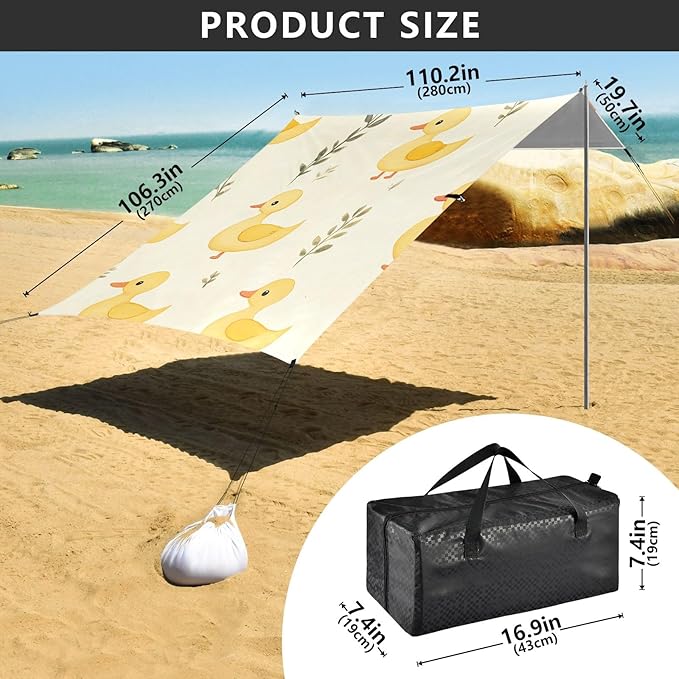 Yellow Duck Leaves Pattern Camping Sun Shelter Beach Tent Portable Beach Sun Shade Outdoor Canopy for Camping Trips Fishing Picnic