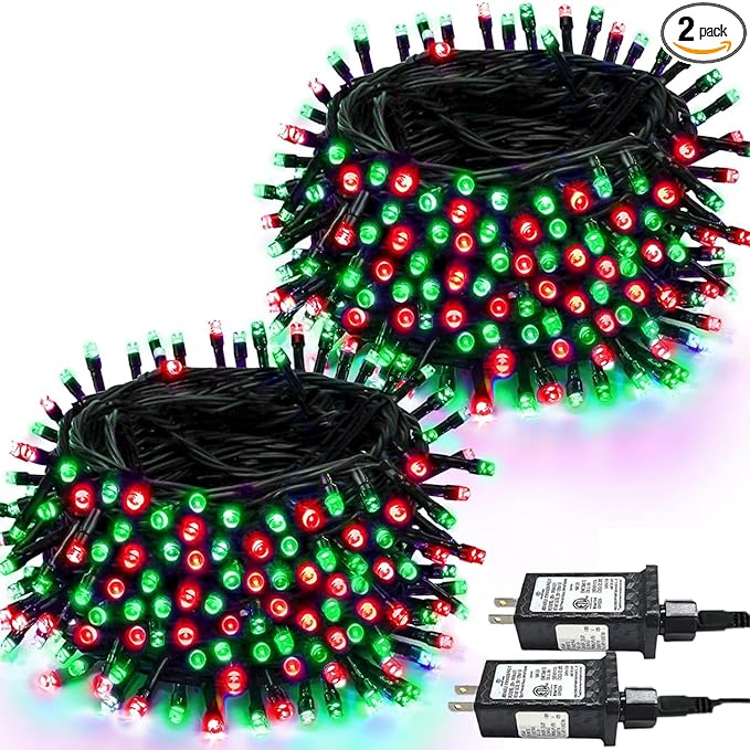 2 Pack Christmas String Lights Indoor Outdoor Super Bright 66FT 200 LED String Lights Waterproof 13 Modes Twinkle Xmas Lights with Timer for Christmas Tree Decorations (Red and Green)