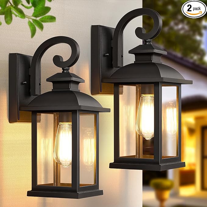Outdoor Wall Sconce Lights 2-Pack Anti-Rust Aluminum Outdoor Porch Lights Wall Mount Black Exterior Lighting Fixtures with Tempered Glass 15 Medium Coach Lights for Garage House