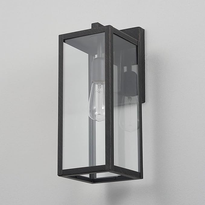 Globe Electric 44837 1-Light Outdoor Indoor Wall Sconce Brushed Dark Bronze Clear Glass Shade Back Porch Lights Front Patio Garage Fixture Exterior Lighting for House