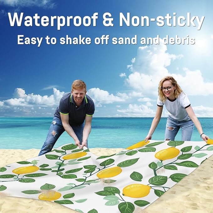 Waterproof Sandproof Beach Blanket 59''×68'' Fruiting Branches Polyester Outdoor Picnic Blanket with 4 Stakes &amp Storage Bag for BeachCampingVacation White