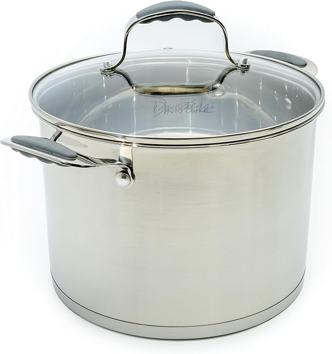 David Burke Splendor Stainless Steel 8-Quart Stock Pot with Glass Lid – Side handles Oven Safe up to 500°F For Soup Pasta Stew - Brushed Gray